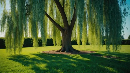 Fototapeta premium A large weeping willow tree with hanging branches in a green park during daytime.
