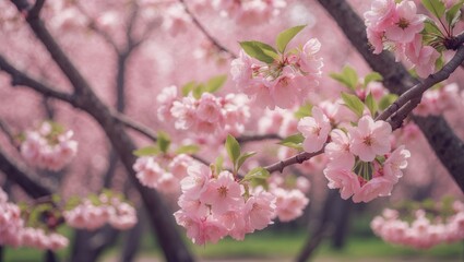 Fototapeta premium Pink cherry blossom flowers on tree branches with blurred background. Nature and spring, concept. Flowers and blooming. The beauty of springtime blossoms.