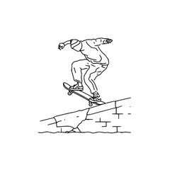 Obraz premium Skateboarder doing a trick on a ledge black and white line art vector illustration street skateboarding design