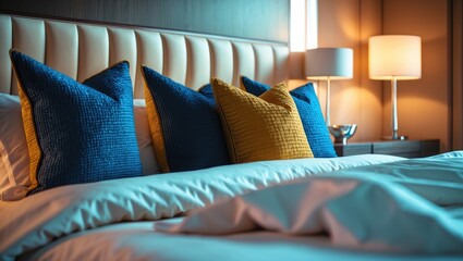Obraz premium Comfortable bedroom with pillows and lamps, cozy bedroom decor and soft lighting.