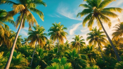 Fototapeta premium Lush tropical forest with tall palm trees and blue sky, sunny day, vibrant green foliage.