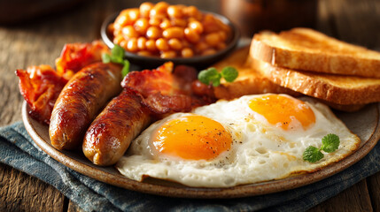 A hearty classic English breakfast is beautifully served on a rustic plate. The meal includes two...