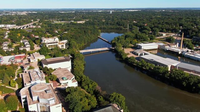 Aerial View of Downtown Appleton, Wisconsin with Fox River, Sunny Summer Day