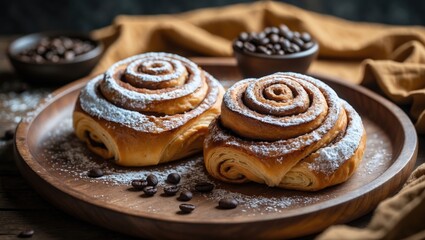 Fototapeta premium Two cinnamon rolls with powdered sugar on a wooden plate, accompanied by bowls of coffee beans in the background.