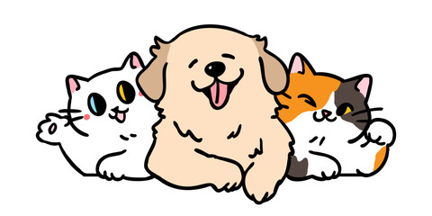 Vector Illustration of Cartoon Cats and Dog Friends on Isolated Background. Hand Drawn Vector Illustration. 