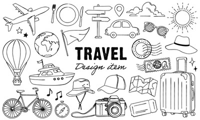 旅行や観光イメージのおしゃれな線画ベクターイラストセット / スーツケース / ラインアート
