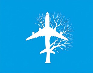 Airplane silhouette intertwined with a bare tree