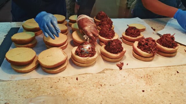 fresh barbecue sandwiches being prepared inside buc ees florida