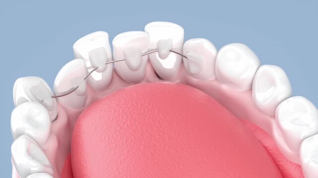 Orthodontic treatment, wearing invisible braces inside lower teeth to restore straight teeth, close up of human teeth model for orthodontic treatment and dental care, 3D rendering.