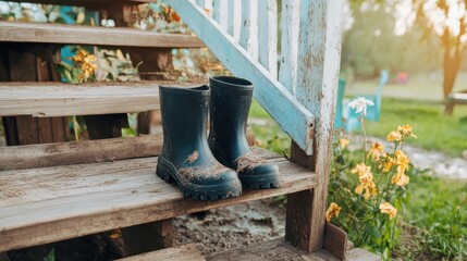 Worn black rubber boot on aged wooden step.