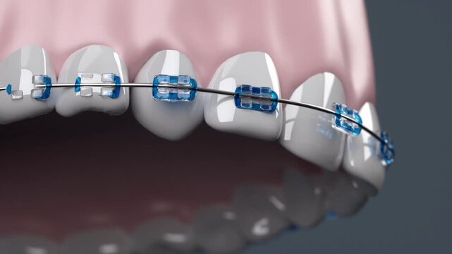 Orthodontic treatment, close up of human teeth model wearing orthodontic metal braces to restore straight teeth, orthodontic treatment and dental care, 3D rendering.