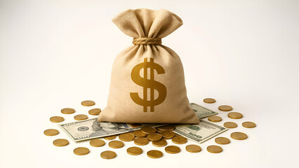 Classic Money Bag with Coins and Bills on White Background