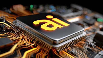 Digital Brain of AI: A close-up shot of a microchip with an ai graphic, representing the core of artificial intelligence, intricately connected by golden circuitry.