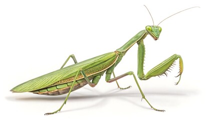 A green praying mantis on a white background view
