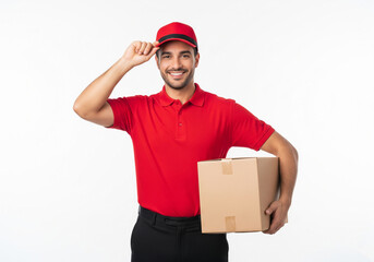 A friendly and confident delivery man in a red uniform and cap smiles and tips his cap while holding a cardboard box, ready for service.