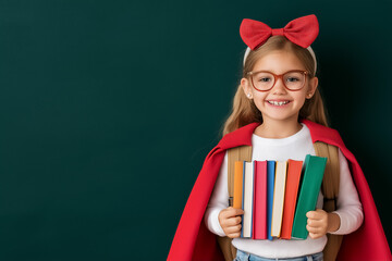 Happy schoolgirl wearing a red cape holds colorful books while smiling at the camera. Bright classroom setting with green background. Concept of education, creativity, childhood