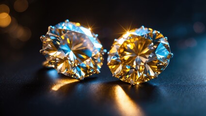 Close-up of sparkling yellow diamonds with light reflections on a dark surface.