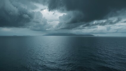 Obraz premium Dark storm clouds over the ocean, with rain approaching and a distant landmass visible. Nature and weather, storm and ocean. The scene of a stormy sea.