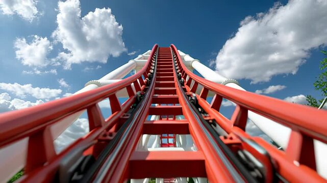 Roller coaster tracks ascend steeply into the sky, showcasing vibrant red rails against a backdrop of fluffy clouds and lush greenery, capturing the thrilling anticipation of the ride experience