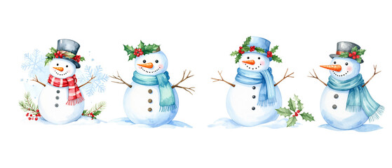 Snowman celebrating a snowy Christmas with watercolor trees on a white background