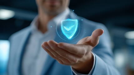 Businessman showing holographic security shield in dark corporate office. Modern technology concept with focus on digital protection. Concept of cybersecurity, business solutions, tech startups