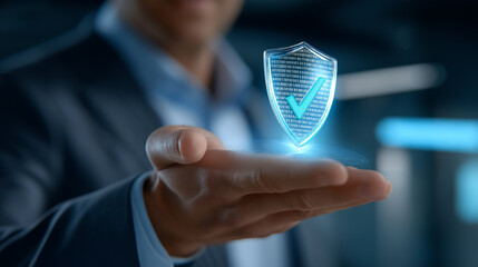 Corporate professional displays digital security shield in dark office setting, emphasizing importance of cybersecurity in modern business operations. Concept of technology, security, protection