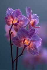 Close-up of three vibrant purple orchids with dew drops
