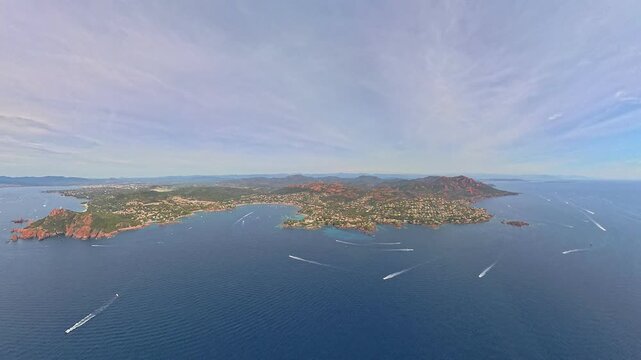 panoramic aerial view  of Saint-Raphael and Esterel mountain on the French Riviera, seen from airplane 
