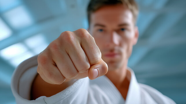 Karate practitioner displays powerful punch during training session. Focused expression, martial arts dojo setting, clear blue background. Concept of fitness, self-defense, personal growth - Powered by Adobe