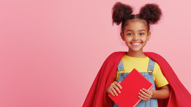 Girl smiling while holding red book with superhero cape draped around her shoulders. Bright pink background creates playful atmosphere. Concept of storytelling, children's education, creativity