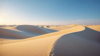 Expansive desert dunes under a clear sky at sunset.