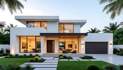 Modern home exterior featuring stoned pathway toward front entrance against white stucco facade, flat roof, and expansive floor-to-ceiling windows