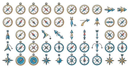 Obraz premium Explore your journey with this diverse collection of classic compasses and directional arrows, perfect for navigation graphics.