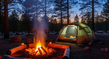 Camping tent with campfire at dusk in a forest