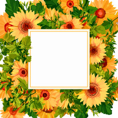 Obraz premium This beautiful illustration features a vibrant and elegant floral border made up of bright sunflowers and delicate yellow blooms. The lush green leaves surround the golden sunflowers, creating a livel