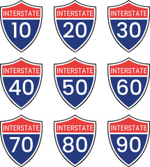 Set of US Interstate highway shields on transparent background