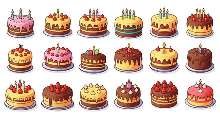 Celebrate with delightful illustrated cakes featuring candles and fresh fruit toppings perfect for any occasion