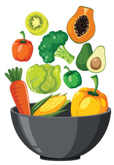 Fresh Vegetables and Fruits Falling Into Black Bowl