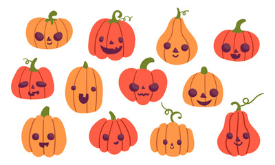 Vector Halloween pumpkin collection. Scary and spooky pumpkins collection. Jack o lantern clipart. Funny cute smiling pumpkins in flat design. Symbol of the Happy Halloween holiday.