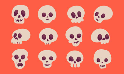 Cute skulls set. Social media sticker for Halloween and Day of Dead, Dia de los muertos. Emotion and emoji with skeleton, ghost face. Cartoon flat vector illustrations isolated on orange background