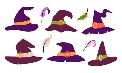 Magical witch hat clip art set. Isolated hand drawn flat elements on white background. Perfect for Halloween designs. Vector illustrations.