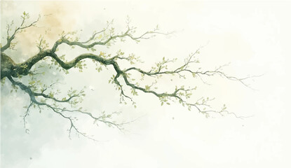 Branch of cherry tree with pink blossoms in spring nature illustration