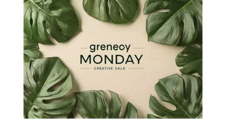 a photo of an eco-friendly christmas present with the text "green monday % sharing sale" on it, with red berries and pine branches, on a blue background, in a top-down view. the presentation includes 