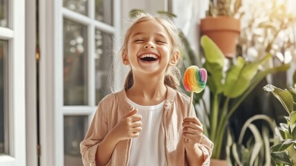 Little girl with vibrant lollipop and bright smile.