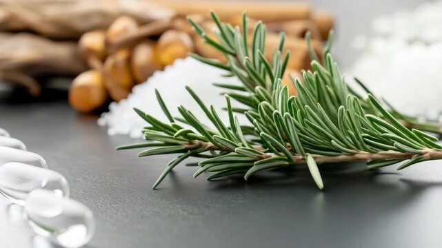Clear capsules on slate with herbs and spices in background