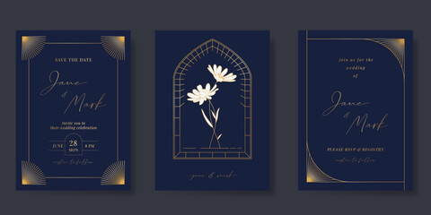 Wedding invitation card background vector. Luxury art deco frame and hand drawn gold flower. Navy blue card template design for wedding, vip cover template, rsvp modern card, poster.