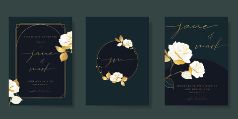 Wedding invitation card background vector. Luxury art deco frame and hand drawn gold flower. Green card template design for wedding, vip cover template, rsvp modern card, poster.