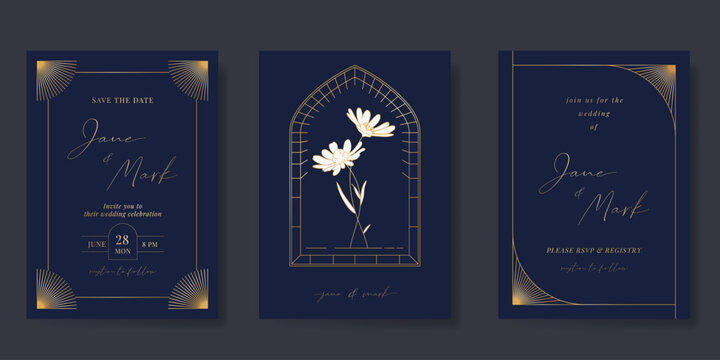 Wedding invitation card background vector. Luxury art deco frame and hand drawn gold flower. Navy blue card template design for wedding, vip cover template, rsvp modern card, poster.