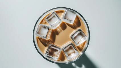 A glass of iced coffee with ice cubes on top.