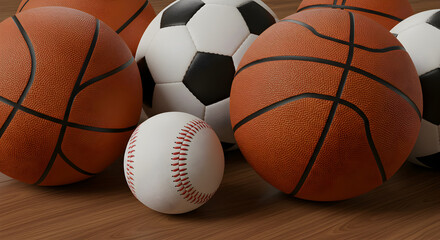 Diverse Collection of Sports Balls on a Polished Hardwood Floor